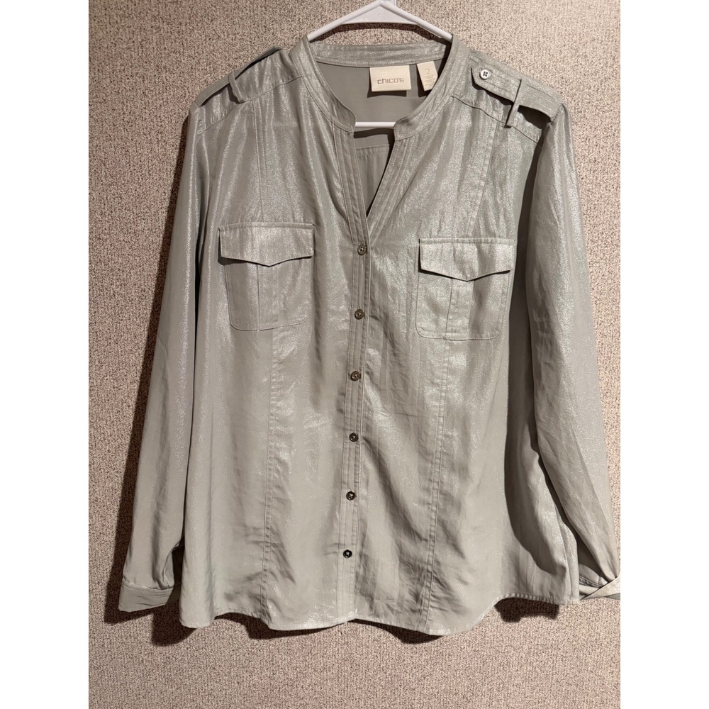 Chico's Metallic Silver Grey Utility Blouse Epaulette Button Down Top Size 2 L
